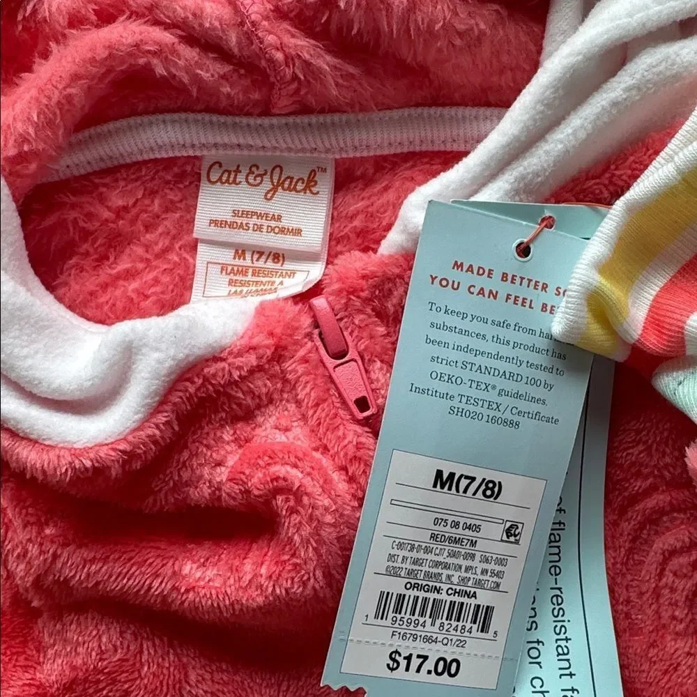 Cat & Jack Red with Rainbow Detail Hooded Sleepwear Plush Jumpsuit Size M (7/8)